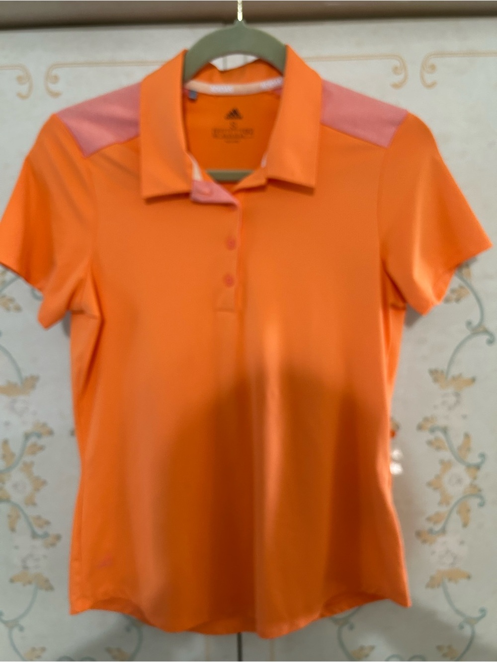 adidas Orange Polo Shirt with Pink Shoulder Accents
